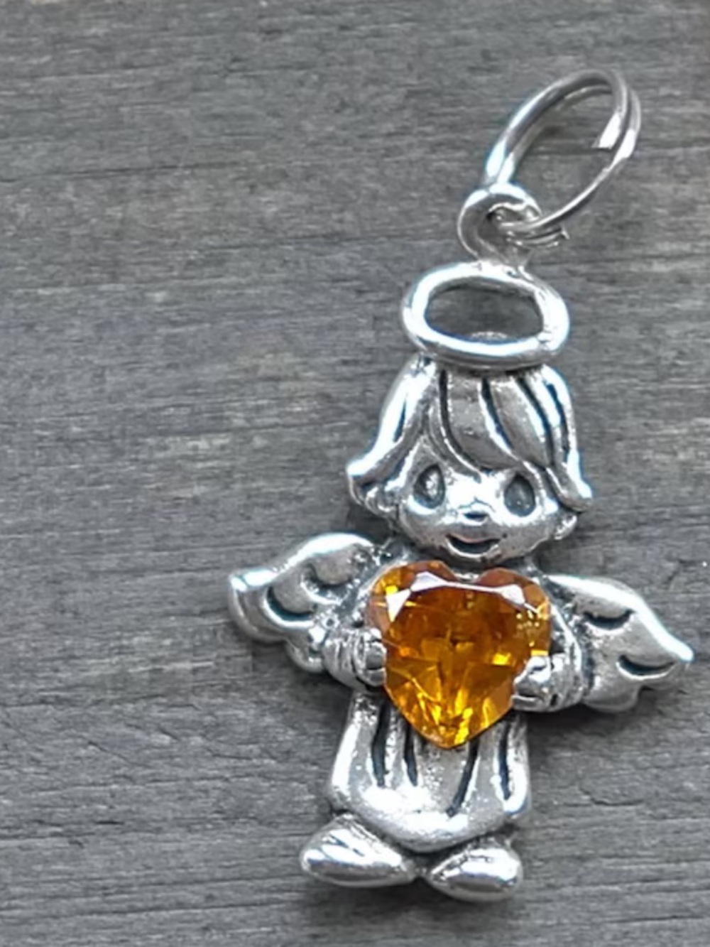 Vintage Precious Moments Silver Angel Heart citrine November birth month